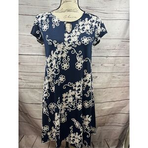 Espresso Navy White Floral Print‎ Keyhole Neck Short Sleeve Shift Dress Size S
